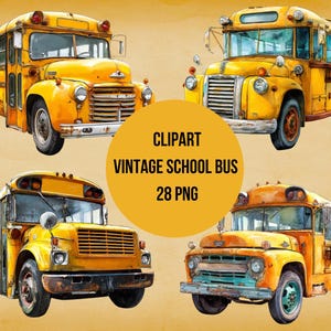 Vintage School Bus Clipart, Retro Yellow Bus Watercolor, Old School Bus PNG, Instant Download, Commercial Use, Transparent Background