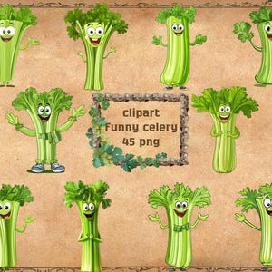 May include: A set of 10 cartoon celery characters with smiling faces and arms and legs. The celery characters are green and have a white stem. The characters are on a brown background with a text box that says "clipart funny celery 45 png".