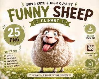 Funny Sheep Clipart Bundle: Farm Animal PNGs (Commercial Use)