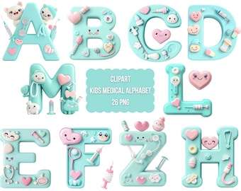 May include: A set of 26 alphabet letters in a light blue color with a medical theme. Each letter is decorated with various medical supplies, such as bandages, syringes, and hearts. The letters are designed to be cute and playful, making them perfect for children's learning materials.