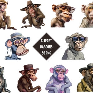 Clipart Funny Baboons | Digital Print Funny Baboons With Sunglasses | Transparent Background | High Quality Instant Download
