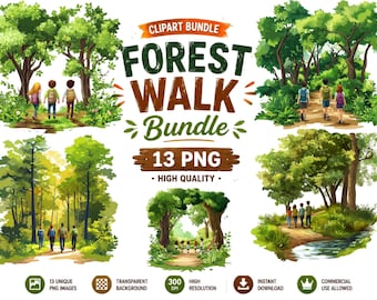 Paquete de imágenes prediseñadas de niños haciendo senderismo en el bosque: Aventura en la naturaleza PNG (Descarga digital)