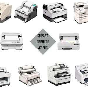 May include: A collection of ten different types of printers, including a laser printer, an inkjet printer, a multifunction printer, and a typewriter. The printers are all white and gray and have a variety of features, such as paper trays, ink cartridges, and control panels.