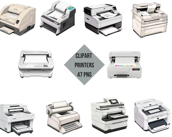 Printer Clipart Bundle, Retro and Modern Office Printers (Instant Download, Comercial Use, 47 PNG)