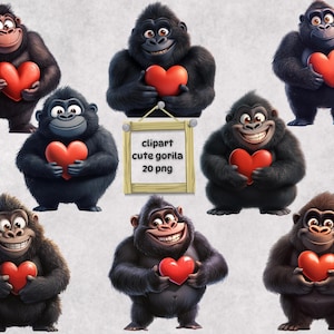 Cute Gorilla Clipart Bundle, Adorable Gorilla PNG, Digital Gorilla With Heart, Transparent Background, Instant Download Commercial Use