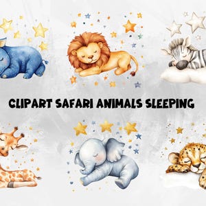 Watercolor Safari Animals Sleeping Clipart | Kids Room Decor PNG | Transparent Background | High Quality Instant Download