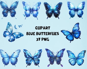 Blå fjäril Clipart Set | Förtrollande 37 PNG-grafik (Kommersiellt bruk, omedelbar nedladdning)