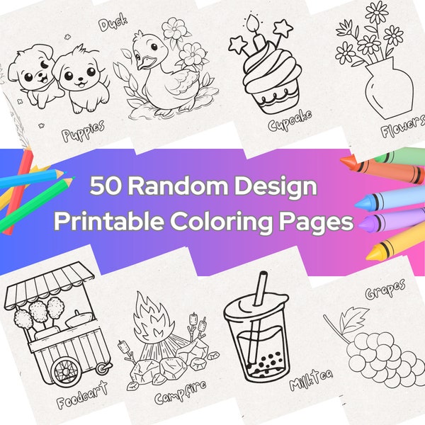 50 Random Design Printable Coloring Pages, Instant Download, Cute Coloring Pages, For Kids Preschool Toddlers and Adults, Digital Download