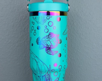 Sea Turtles 30oz Flip Top Water Bottle with Handle | Ocean Lover |  Laser Engraved | Rainbow Holographic Cup