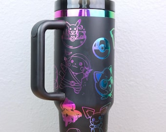 Pokemon black holographic cup | 40 ounces drinkware for collectors | Birthday gift for Pokémon fans | Holographic Tumbler | Dupe Cup