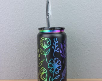 Colorful Glassware | Iced Coffee Cup | 16 ounce rainbow | Unique Gift Custom Mug | Insulated Rainbow Laser Engraved | Flowers Cup