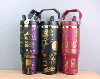 Pickleball 30 oz  Flip Top Water Bottle with Handle | Pickle ball Drinkware |  Laser Engraved | Pickleball Tumbler Gold Cup