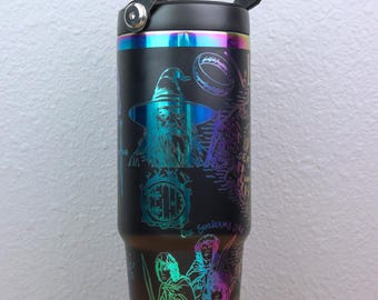 Lord of Rings 30 oz 40 oz Flip Top Water Bottle with Handle | Fantasy Drinkware |  Laser Engraved | LOTR Rainbow Holographic Cup
