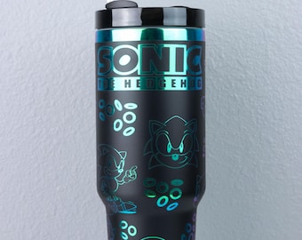 Laser Engraved Sonic Water Bottle – Stainless Steel Tumbler with Holographic Design | Gamer Gift | Sonic Fan Cup | Kids Water Bottle