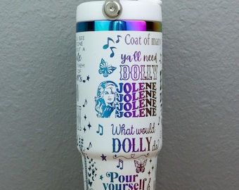 Dolly Parton 30 oz  Flip Top Water Bottle with Handle | Country Music Drinkware |  Laser Engraved | Dolly Rainbow Holographic Cup