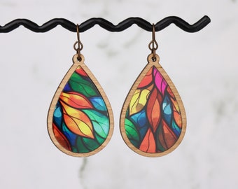Stained Glass Leaves Earrings | Laser engraved earrings | Acrylic Earrings | Leaf Handmade Earrings