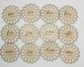 Wooden Baby Milestone Discs | Engraved Monthly Markers | 1 Month to 1 Year | Baby Photo Props | Newborn Milestone Set | Baby Shower Gift