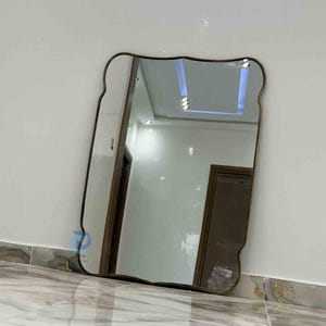 Wavy Brass Wall Mirror, Asymmetrical Irregular Mirror, Curvy Decorative Mirror for Bedroom and Bathroom, Rectangular Brass Mirror