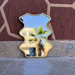 Italian Curved Antiqued Brass Mirror – Butterfly Irregular Design, Gold Brass Bathroom Mirror, Aesthetic Luxurious Wall Decor