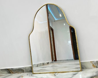 Asymmetrical Mirror Home Decor, Irregular Mirror, Curved Antiqued Brass Mirror, Aesthetic Luxurious Wall Mirror
