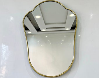 Brass Mirror, Italian Shield Form Wall Mirror, Wavy Bronze Brass Mirror