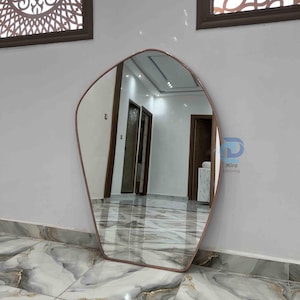Antiqued Brass Wall Mirror – Irregular Vintage Vanity Mirror with Wavy Aesthetic Decor