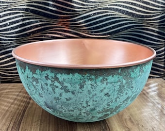 Round Copper Vessel Sink with Verdigris Patina, Rustic Bathroom Vanity Basin, Artisan Countertop Wash Bowl, Vintage Copper Sink
