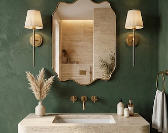 Italian Wall Mirror, Aesthetic Brass Mirror, Vanity Mirror, Hair salon Mirror, Rectangular Mirror Home Decor Asymmetrical Bathroom Mirror