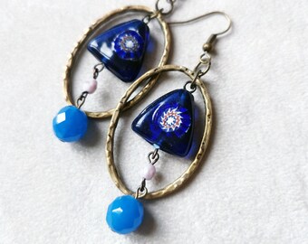 Vintage italian lampworks earrings, blue boho earrings, oval dangle earrings, vintage jewelry, anniversary gift for her, Christmas gift idea