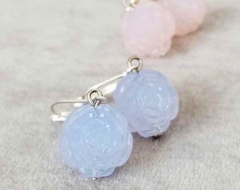 Dainty Lucite Earrings Vintage, Delicate rare Vintage Lucite rose earrings, pastel rose dangle light blue earrings, Gift for Her