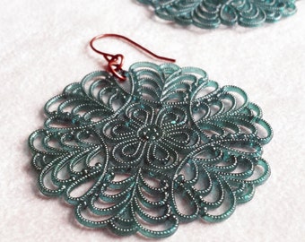 Teal statement earrings, Large Vintage Lucite filigree earrings, Anniversary gift for her, colorful earrings, gift for mothers day
