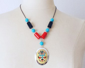 Vintage 1970 statement necklace, mid century vintage Lucite cabochon pendant, red turquoise black necklace, anniversary gift for her