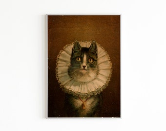 Antique Cat Oil Painting Portrait, Moody Wall Art, Vintage Art Prints, Printable Cat Painting Poster