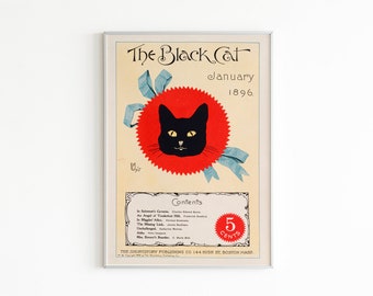 Printable Vintage Black Cat Illustration, Collectible Wall Art Prints, Eclectic Gallery Wall Prints Downloadable