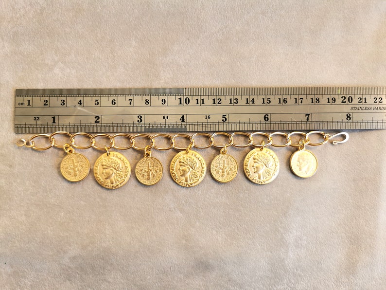 Antique Gold Coins Bracelet, Gold Charm Bracelet, Vintage Fashion Statement Jewelry, Anniversary gift for her, Mothers Day gift for Mom image 6