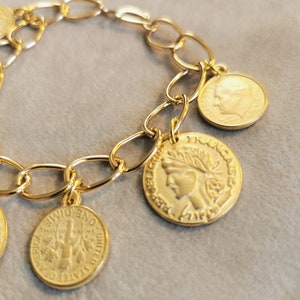 Antique Gold Coins Bracelet, Gold Charm Bracelet, Vintage Fashion Statement Jewelry, Anniversary gift for her, Mothers Day gift for Mom image 4