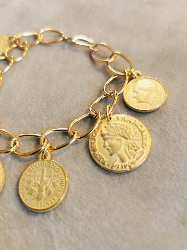 Antique Gold Coins Bracelet, Gold Charm Bracelet, Vintage Fashion Statement Jewelry, Anniversary gift for her, Mothers Day gift for Mom image 4