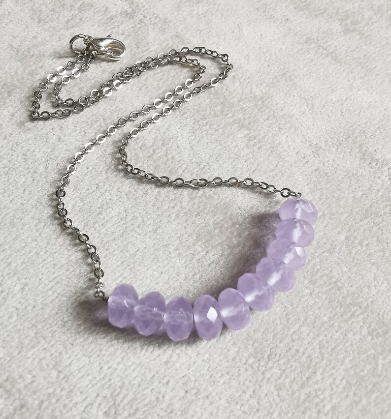 Lavender Chalcedony Row Necklace, Delicate Minimalist Gemstone Bar Necklace, Dainty Layering Necklace image 3