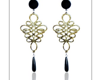 Long lightweight statement earrings, Arabesque Laser cut Lucite Chandelier, black and brown earrings, gifts for her, anniversary gift