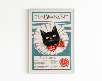 Printable Vintage Black Cat Illustration, Collectible Wall Art Prints, Eclectic Gallery Wall Prints Downloadable