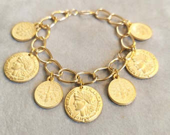 Antique Gold Coins Bracelet, Gold Charm Bracelet, Vintage Fashion Statement Jewelry, Valentine's Day gift for her