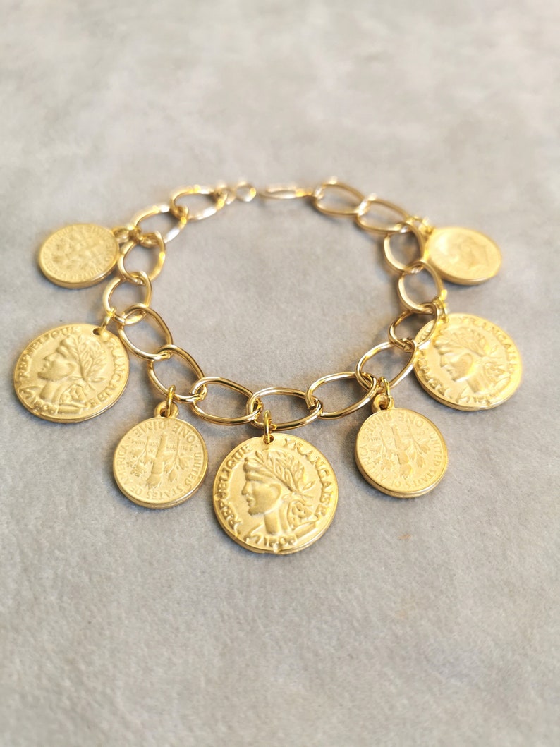 Antique Gold Coins Bracelet, Gold Charm Bracelet, Vintage Fashion Statement Jewelry, Anniversary gift for her, Mothers Day gift for Mom image 1