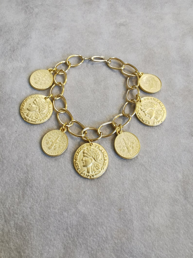 Antique Gold Coins Bracelet, Gold Charm Bracelet, Vintage Fashion Statement Jewelry, Anniversary gift for her, Mothers Day gift for Mom image 8