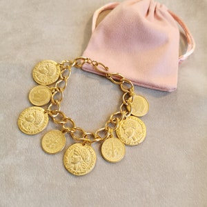 Antique Gold Coins Bracelet, Gold Charm Bracelet, Vintage Fashion Statement Jewelry, Anniversary gift for her, Mothers Day gift for Mom image 7