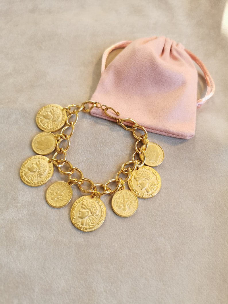 Antique Gold Coins Bracelet, Gold Charm Bracelet, Vintage Fashion Statement Jewelry, Anniversary gift for her, Mothers Day gift for Mom image 7