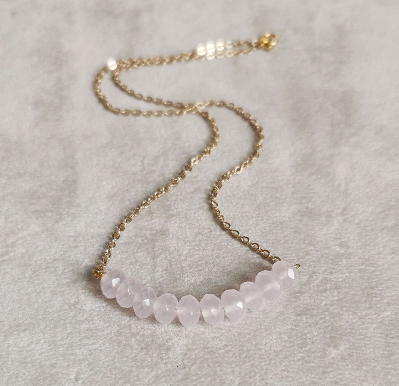 Layering delicare gemstone strand necklace, gold plated and rose quartz beads