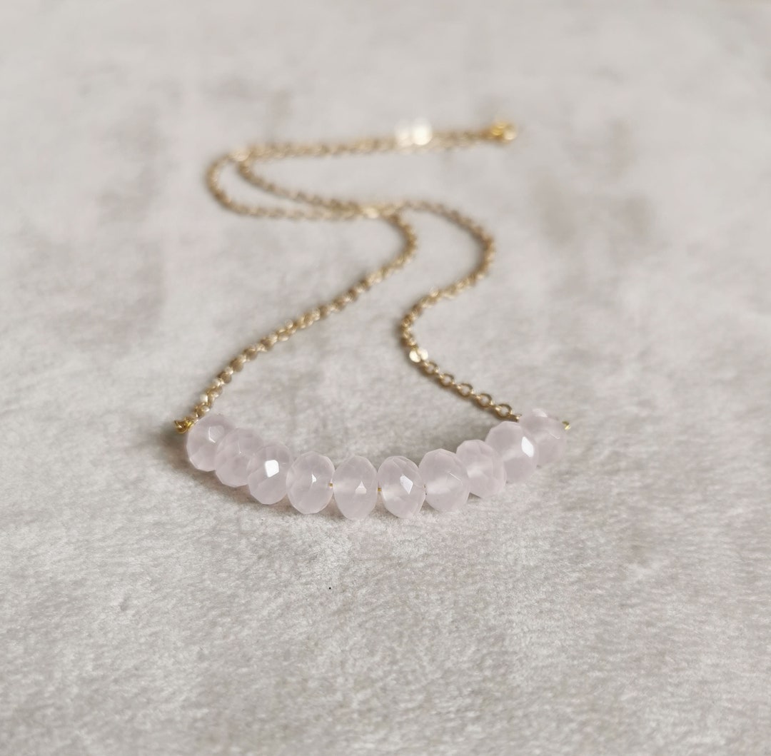 Delicate Rose Quartz Bar Necklace, Crystal Strand Layering Necklace, Minimalist Jewelry for Her