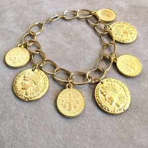 Antique Gold Coins Bracelet, Gold Charm Bracelet, Vintage Fashion Statement Jewelry, Anniversary gift for her, Mothers Day gift for Mom image 2