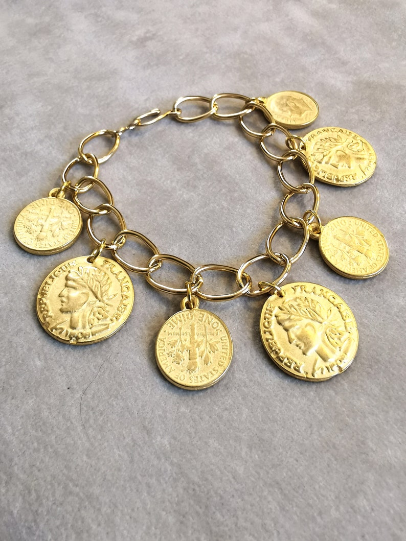 Antique Gold Coins Bracelet, Gold Charm Bracelet, Vintage Fashion Statement Jewelry, Anniversary gift for her, Mothers Day gift for Mom image 2