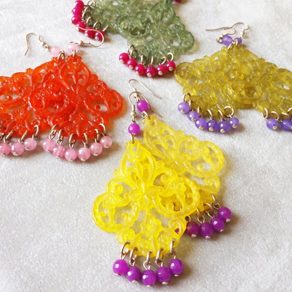 Colorful Gemstone Chandelier statement earrings, Mother's day gift, Vintage Lucite filigree boho crystal earrings, Ethnic earrings